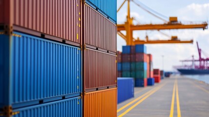 Fototapeta premium A congested international container port facility representing global trade disruption with densely stacked shipping containers and delayed cargo operations.