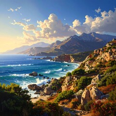 Fototapeta premium A serene coastal landscape with rugged cliffs and mountains