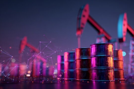 Navigating economic waves: the influence of russian oil on global markets. Intelligent grid. Intricate arrangement of russian oil barrels signifying supply uncertainty. Data connectivity.