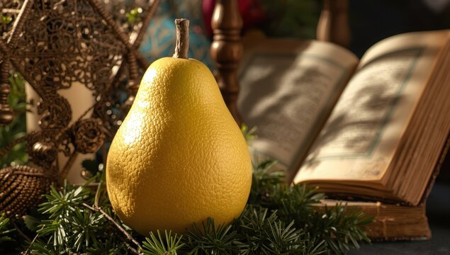 Sukkot celebration. Leviticus and etrog, representing the Torah-mandated festival. Closeup.