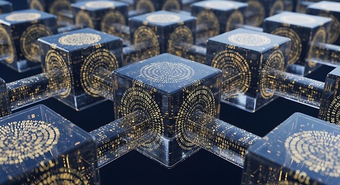 A collection of futuristic cubes with gold binary code patterns on a dark background, representing blockchain technology and data encryption