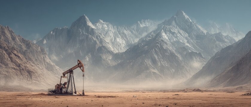 Silent guardians: mechanical giants of the desert's mineral wealth. Studio portrait. Diligence in the desert: an unchanging oil pump jack amid arid majesty. Luxury style. Commercial image.