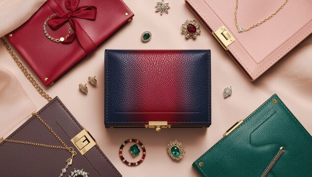 Varied colored leather jewelry container. Concept image from above. Personalized backdrop for jewelry box display. Box and adornments.