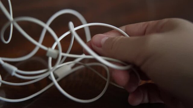 Hands are struggling to untangle a pair of earphones with intertwined cables, showcasing the common hassle of tangled wire.