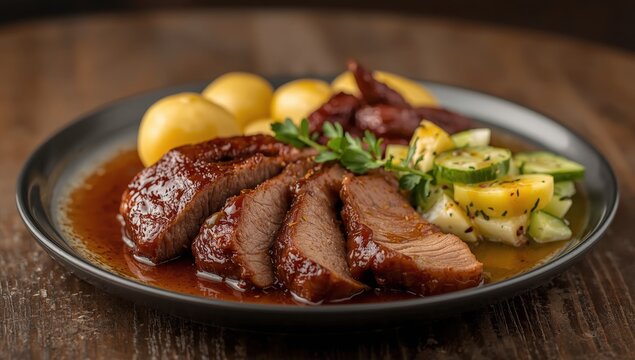 Pork neck stewed in sauce, accompanied by boiled potatoes and cucumber salad. Blurred background.