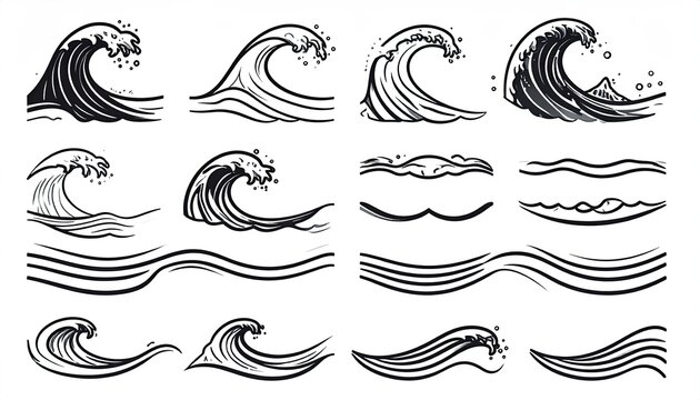 Ink drawing depicting various wave styles with differing amplitudes in black and white