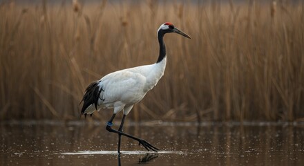 Fototapeta premium grey crowned crane on lake