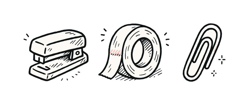 Simple office tools theme a horizontal row of 3 related hand-drawn objects on a white background: a basic stapler with a tiny red dot detail, a simple tape roll with a