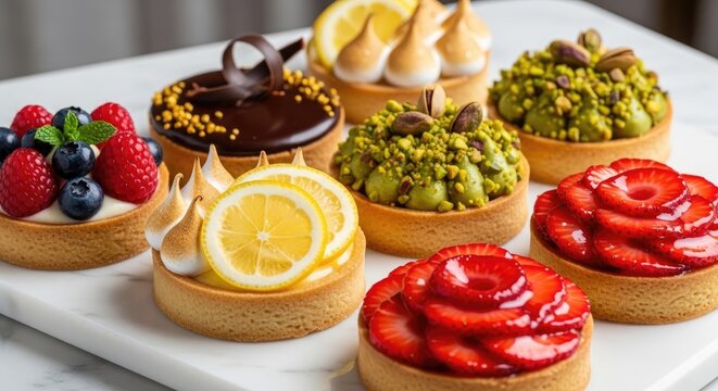 A vibrant and colorful assortment of desserts, each with its own unique flavor profile and presentation.
