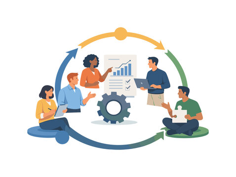 A collaborative team reviewing progress and adjusting steps within a project lifecycle, ensuring smooth transitions between phases and continuous improvement, visual