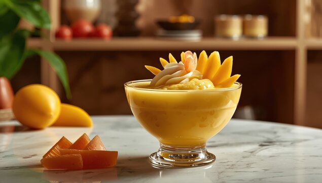 Homemade mango sago pudding features mango puree, sago pearls, pomelo, and coconut milk, topped with mango slices. This sweet and savory dessert hails from Hong Kong.