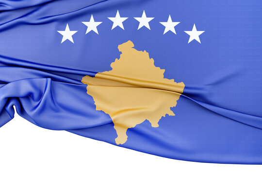 Kosovo national flag displaying golden map and six stars. 3d render