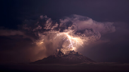 Fototapeta premium A captivating display of nature's raw power as a magnificent mountain erupts, crowned by an awe-inspiring lightning strike that illuminates the sky.