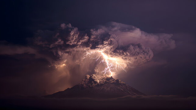 A captivating display of nature's raw power as a magnificent mountain erupts, crowned by an awe-inspiring lightning strike that illuminates the sky.