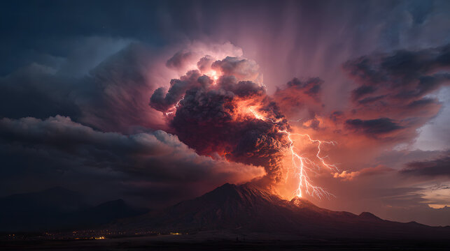 Dynamic display of nature's raw power, as a volcanic eruption unleashes an awe-inspiring light show with crackling lightning bolts piercing through billowing clouds, creating a dramatic.