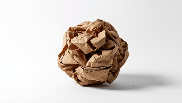 wrinkled brown paper sphere on white backdrop