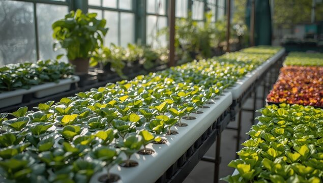 Hydroponic or soilless seedlings of green oak lettuce and salad veggies in the nursery.