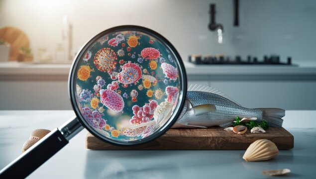 Magnifying glass showing fake microbes, allergens. Fresh, scaled, gill-free gilt-head bream.