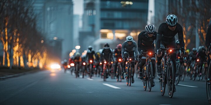 Athletes, men and women, cycling in the city for training or fitness. Endurance and tempo training for sports