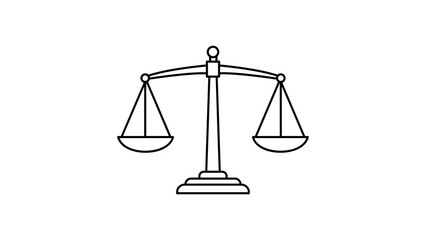 Scales of Justice vector icon illustration. Minimalist black line art on a white background. Balanced legal symbol representing law, court, equality, and fairness. Scalable SVG graphic design. © Jakia