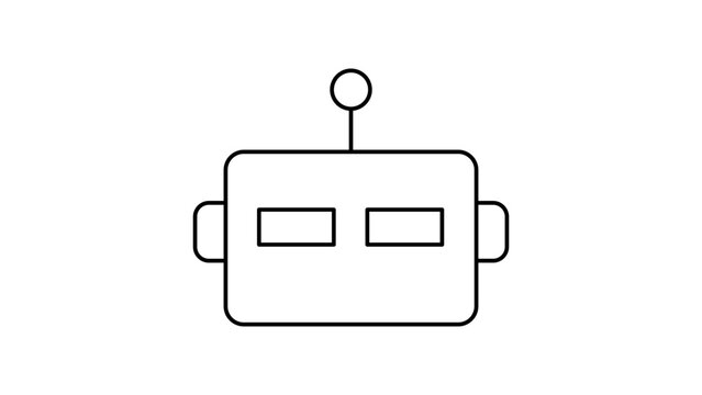 Minimalist black line vector icon of a square robot head with an antenna and rectangular eyes, isolated on white. This clean scalable illustration is ideal for AI, technology, and bot designs.