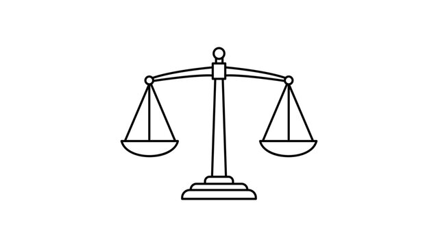 Scales of Justice vector icon illustration. Minimalist black line art on a white background. Balanced legal symbol representing law, court, equality, and fairness. Scalable SVG graphic design.