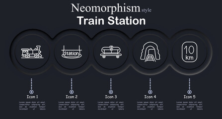 Train station set icon. Neomorphic dark interface circles with line symbols of locomotive train engine, station platform sign, luggage trolley cart, railway tunnel entrance, distance marker © Anastasia