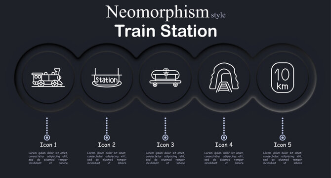 Train station set icon. Neomorphic dark interface circles with line symbols of locomotive train engine, station platform sign, luggage trolley cart, railway tunnel entrance, distance marker