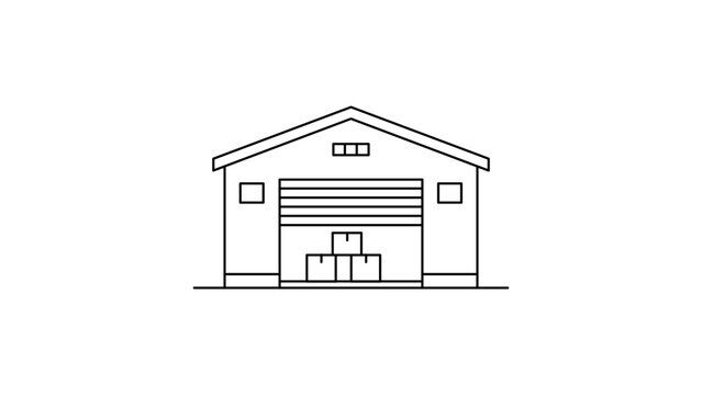 Minimalist black line vector icon of a warehouse building with an open garage door and stacked boxes inside. Clean outline illustration for logistics, storage, and shipping business concepts.