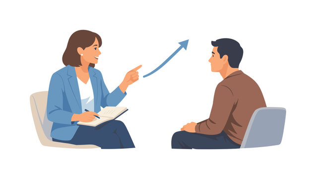 A professional guiding personal and career development in a supportive setting, represented by a coach sitting with a client while pointing toward a simple upward arrow,
