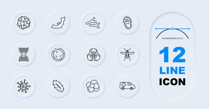 Virus and microbiology set icon. Bacteria cell, virus mutation, microbes, pathogen organism, DNA structure, biohazard symbol, infection spread, microscopic bacteria, virus particles