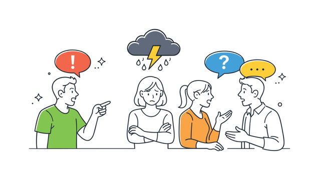 Couple argument communication breakdown concept featuring individuals expressing disagreement and emotional distance during a conversation, using opposing speech bubbles