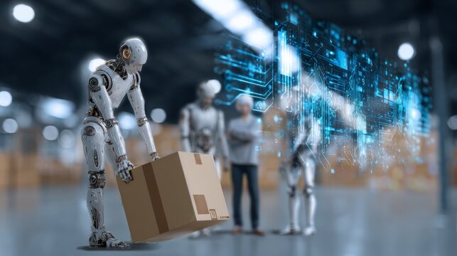 Ai in the workplace: the economic impact of technological advancements. Ai integration. Ai encroaches on human jobs: a robot in a warehouse seamlessly works. Smart systems. Human partnership.