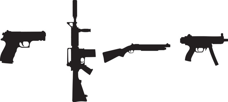Set of Firearms Silhouettes: Pistol, Assault Rifle, Shotgun, and SMG
