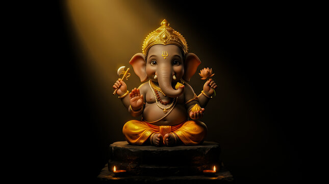 Baby ganesha statue with golden crown and ornaments on a pedestal