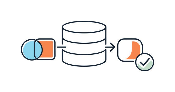 Data deduplication and removal of redundant records in structured databases for optimized storage, a simple database cylinder with two overlapping shapes merging into one