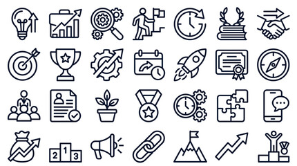Naklejka premium Collection of business and success icons representing growth strategy startup achievement and teamwork in a modern flat design style