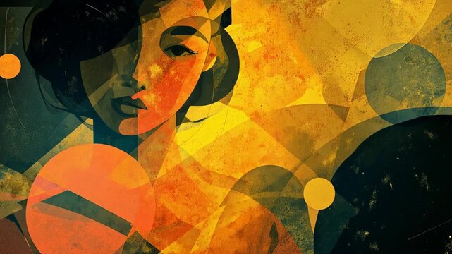 An abstract illustration of a sad looking woman, overlayered with patterns. Deep in thought