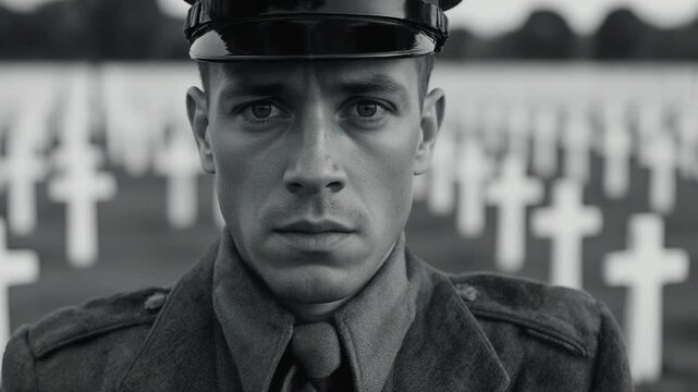 Close-up of a somber soldier standing in a military cemetery. Rows of white crosses in a war memorial graveyard. Remembrance and sacrifice concept
