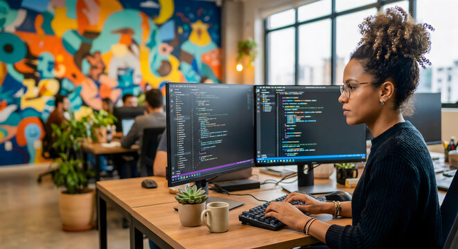Focused African American female software engineer writing code on dual monitors in a vibrant modern startup office with a colorful mural.