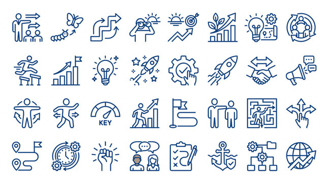 Collection of business and strategy icons representing growth success innovation teamwork and planning with a clean blue outline on a white background