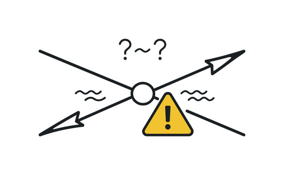 Race condition and unpredictable execution order in concurrent system processes causing inconsistent results, two simple arrows crossing toward a shared node with a small