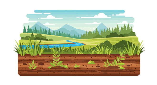 Closeup view of fertile soil with young plants growing.