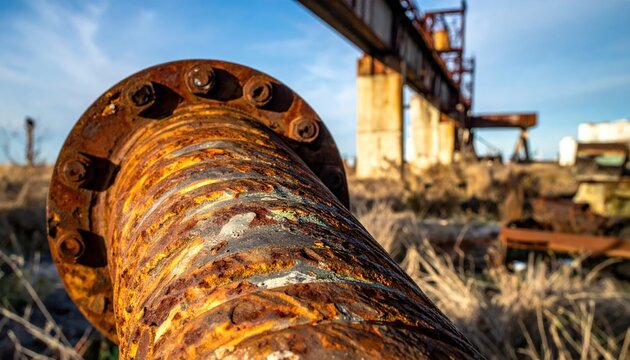 Close-up of a heavily corroded rusty metal pipe with a pitted surface against an industrial background