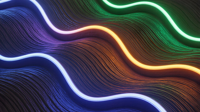 Wavy textured surface with glowing neon lines in blue purple orange and green abstract background