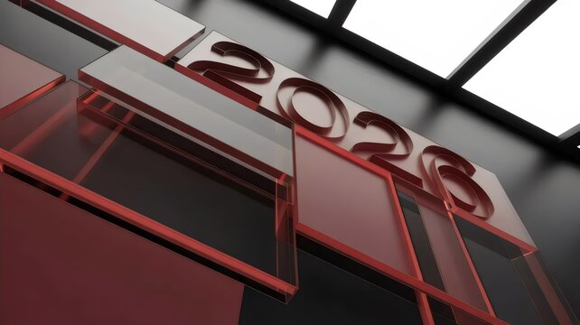 Abstract red acrylic panels revealing 2026 &ndash; Great for modern corporate content, art installations, or design campaigns