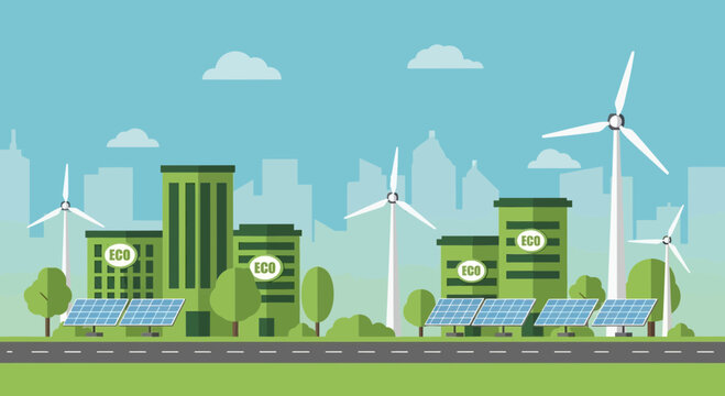 Ecofriendly city with renewable energy sources.