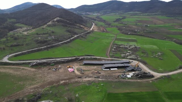 Aerial view of natural gas pipeline construction site in rural area