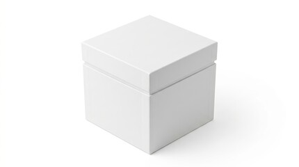 Fototapeta premium Minimalist white square box with closed lid isolated on white background, clean 3d render featuring soft shadows and professional studio lighting.