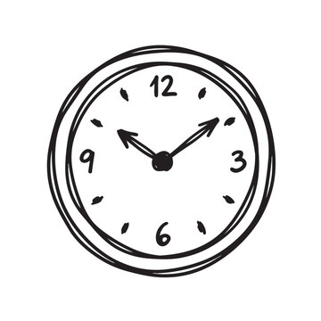 Cute hand-drawn wall clock doodle illustration in black and white line art style. Ideal for time management concepts, daily schedules, and minimalist designs.